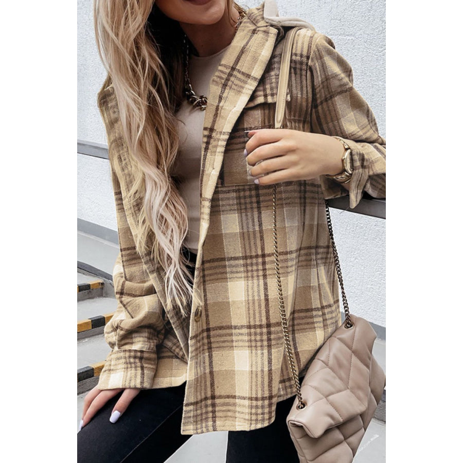 Plaid Button Up Long Sleeve Hooded Jacket Apparel and Accessories