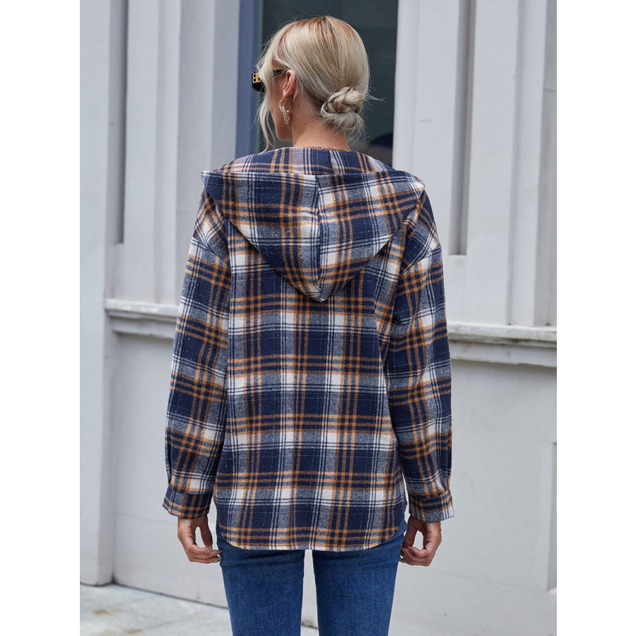 Plaid Button Up Long Sleeve Hooded Jacket Apparel and Accessories