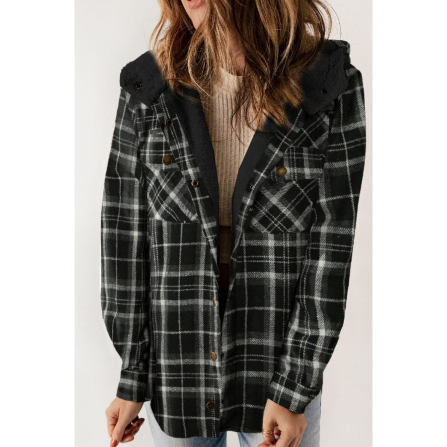 Plaid Button Up Long Sleeve Hooded Jacket Black / S Apparel and Accessories