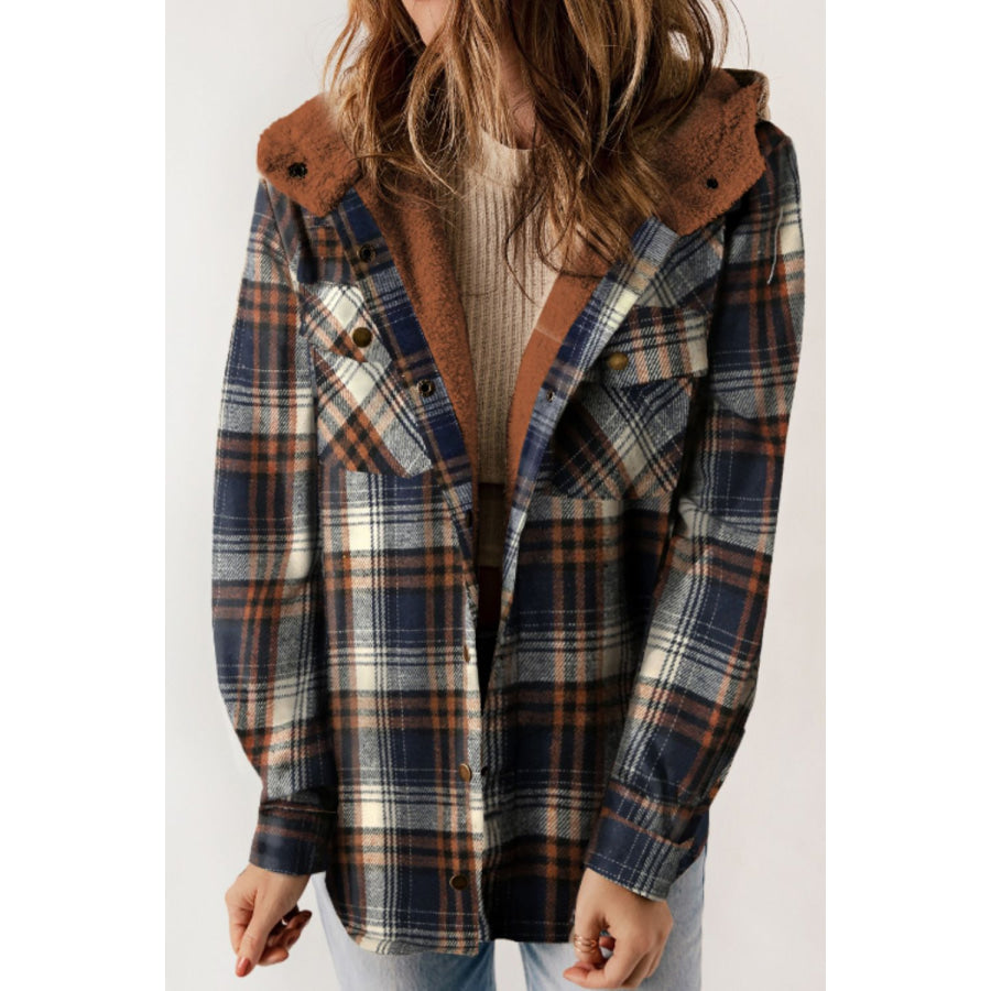 Plaid Button Up Long Sleeve Hooded Jacket Dark Blue / S Apparel and Accessories