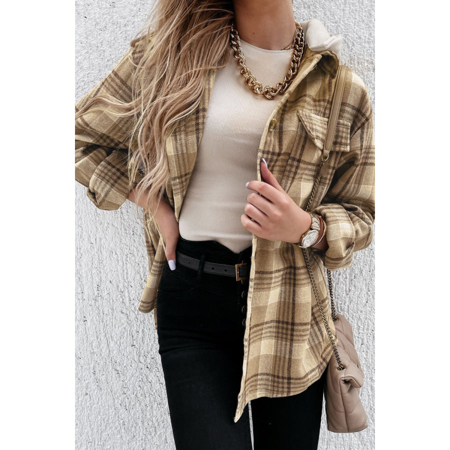 Plaid Button Up Long Sleeve Hooded Jacket Khaki / S Apparel and Accessories