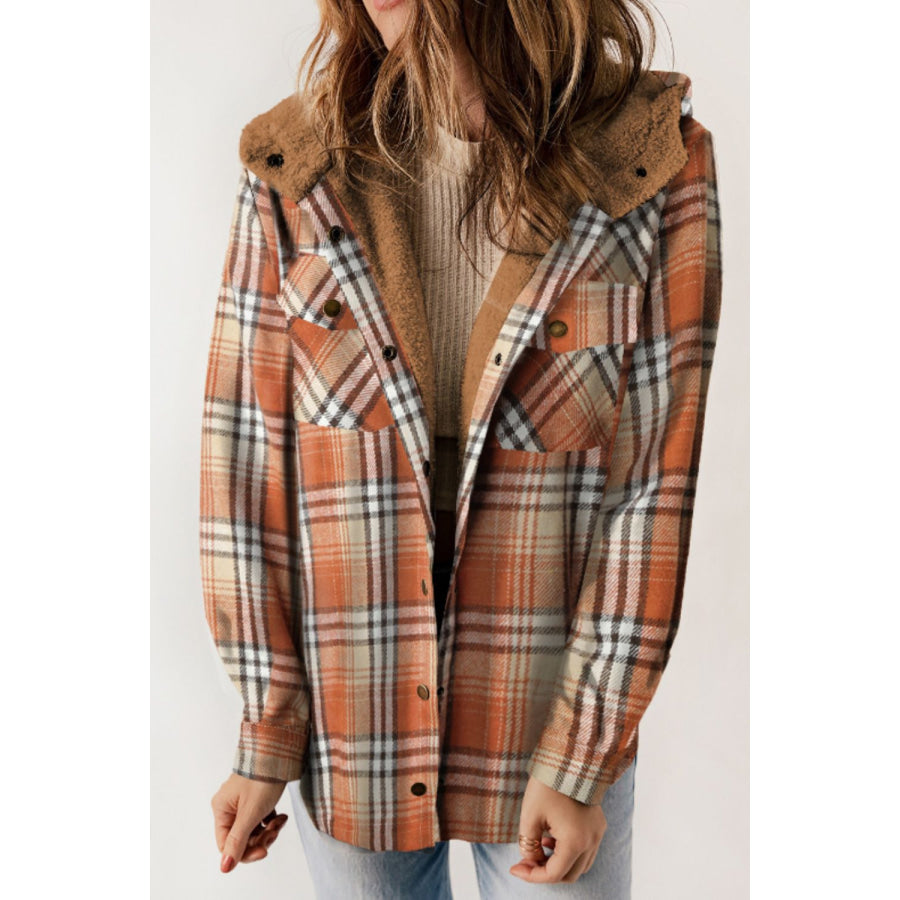 Plaid Button Up Long Sleeve Hooded Jacket Tangerine / S Apparel and Accessories