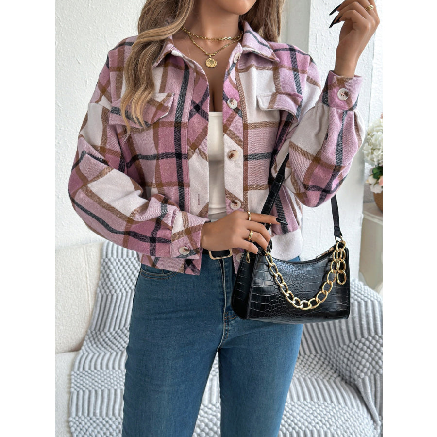 Plaid Button Up Long Sleeve Jacket Apparel and Accessories