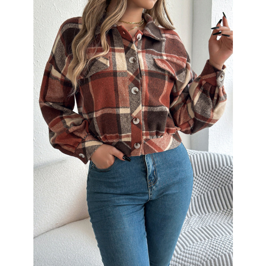 Plaid Button Up Long Sleeve Jacket Apparel and Accessories