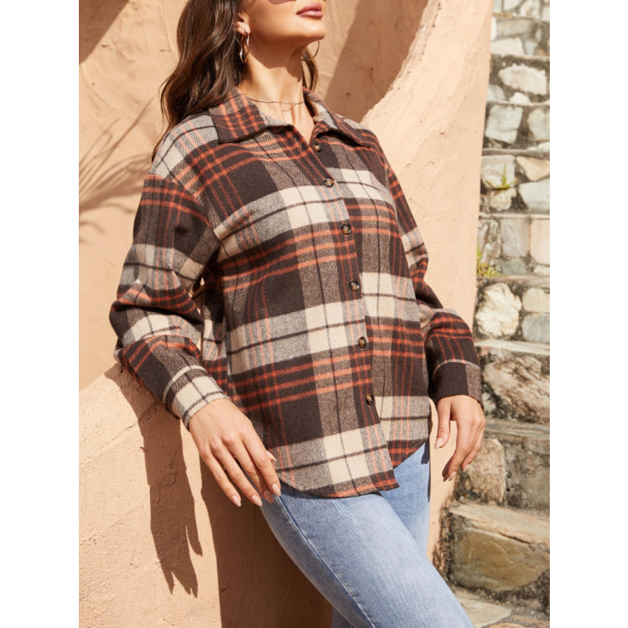 Plaid Button Up Long Sleeve Jacket Apparel and Accessories