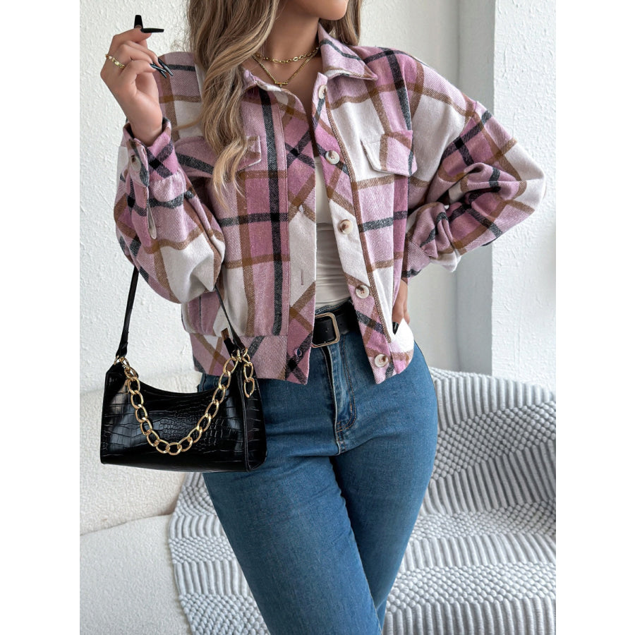 Plaid Button Up Long Sleeve Jacket Apparel and Accessories