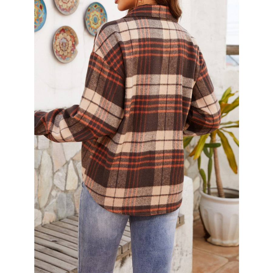 Plaid Button Up Long Sleeve Jacket Brown / S Apparel and Accessories