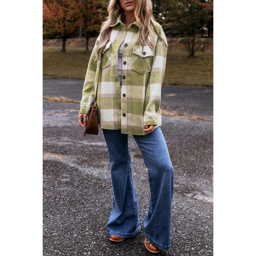 Plaid Button Up Long Sleeve Jacket Apparel and Accessories