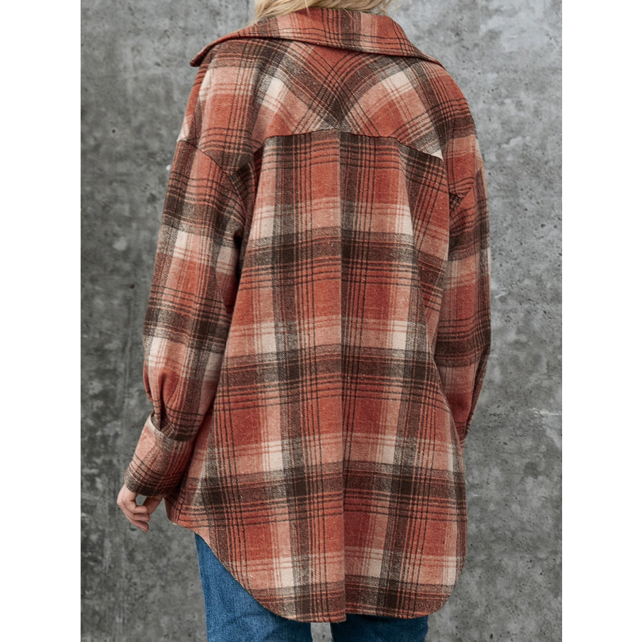 Plaid Button Up Long Sleeve Jacket Brown / S Apparel and Accessories