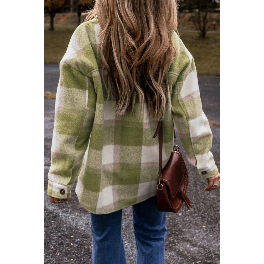 Plaid Button Up Long Sleeve Jacket Sage / S Apparel and Accessories