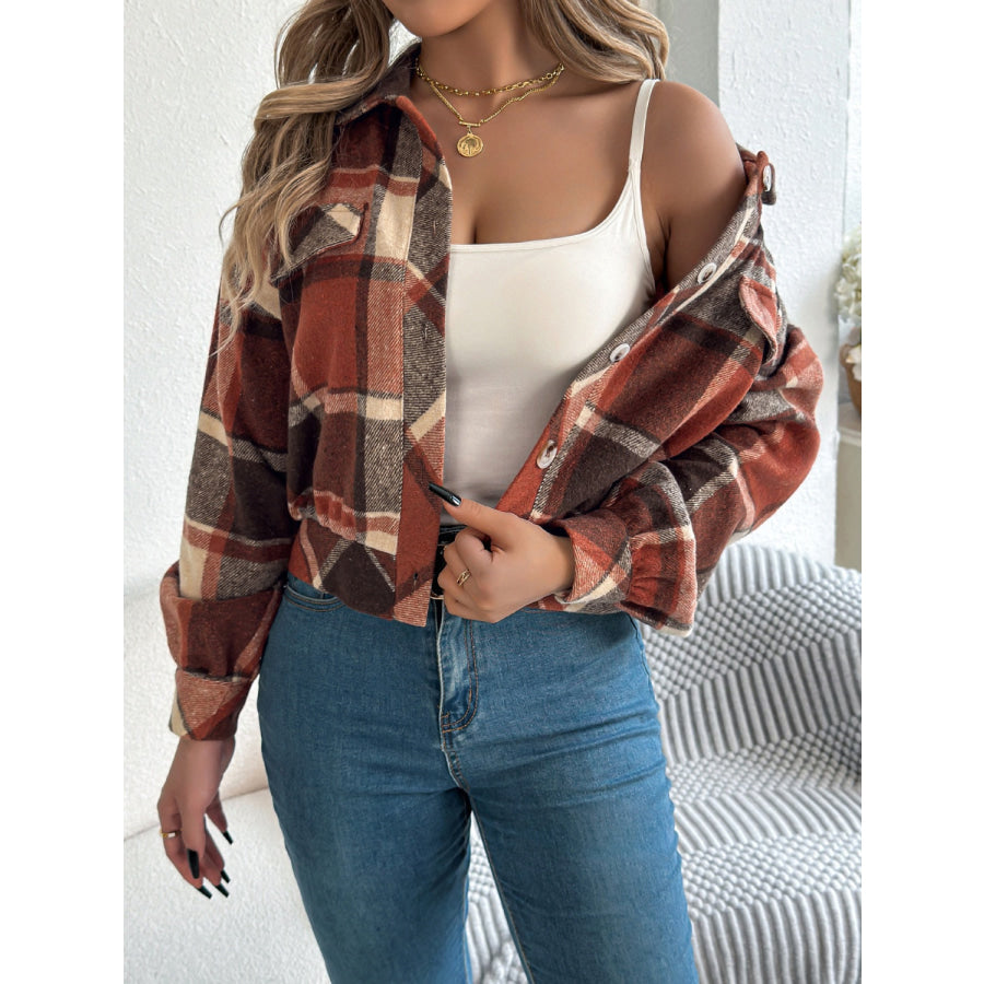 Plaid Button Up Long Sleeve Jacket Apparel and Accessories