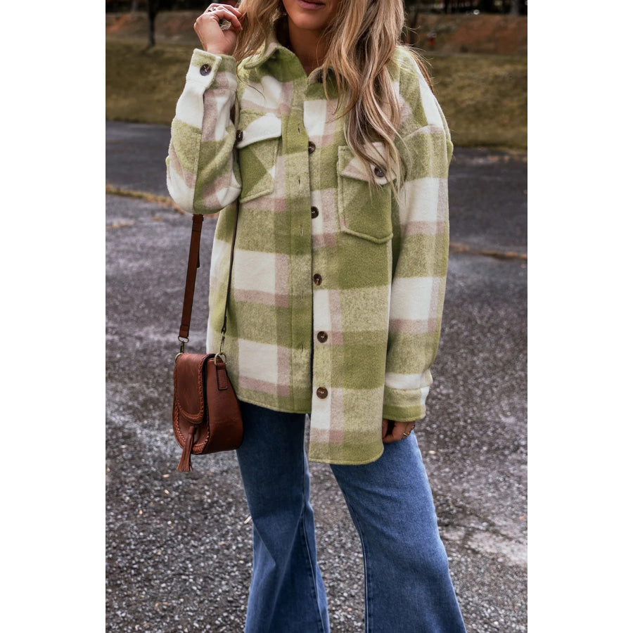 Plaid Button Up Long Sleeve Jacket Apparel and Accessories