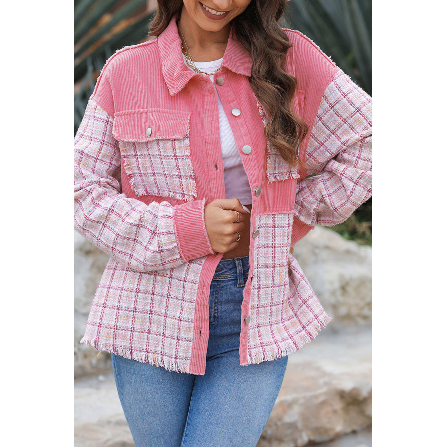 Plaid Button Up Long Sleeve Jacket Blush Pink / S Apparel and Accessories