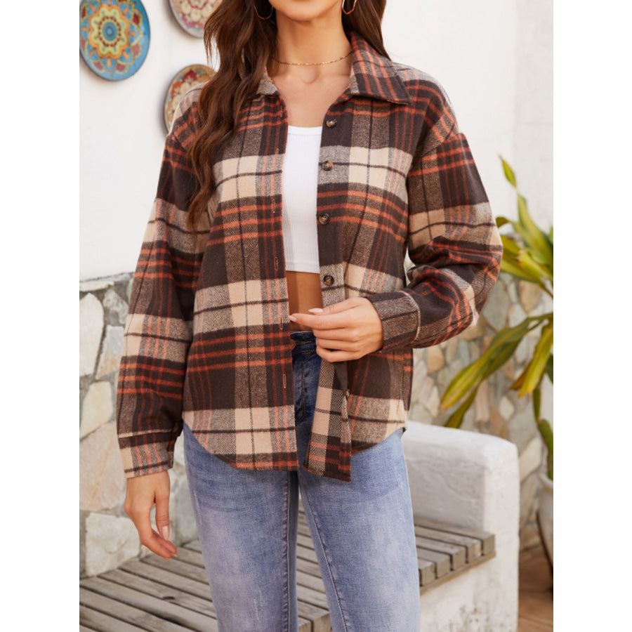 Plaid Button Up Long Sleeve Jacket Brown / S Apparel and Accessories