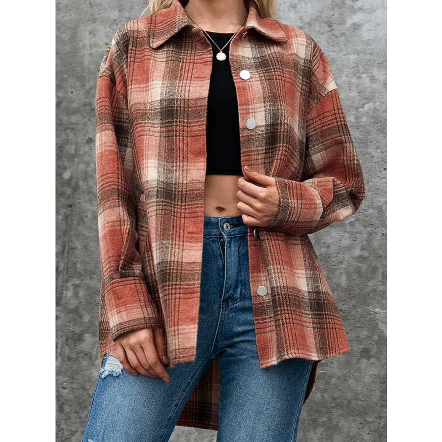 Plaid Button Up Long Sleeve Jacket Brown / S Apparel and Accessories