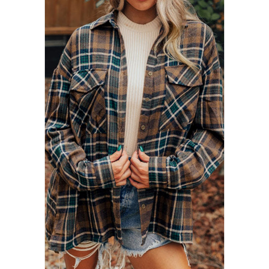 Plaid Button Up Long Sleeve Jacket Caramel / S Apparel and Accessories