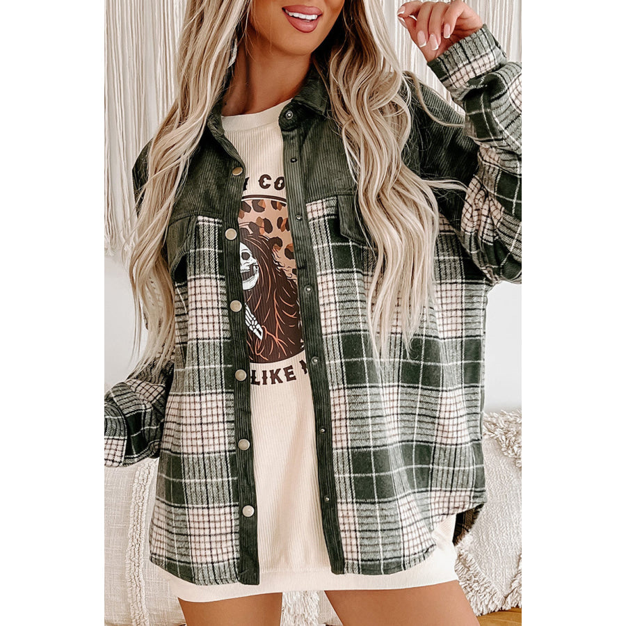 Plaid Button Up Long Sleeve Jacket Dark Green / S Apparel and Accessories