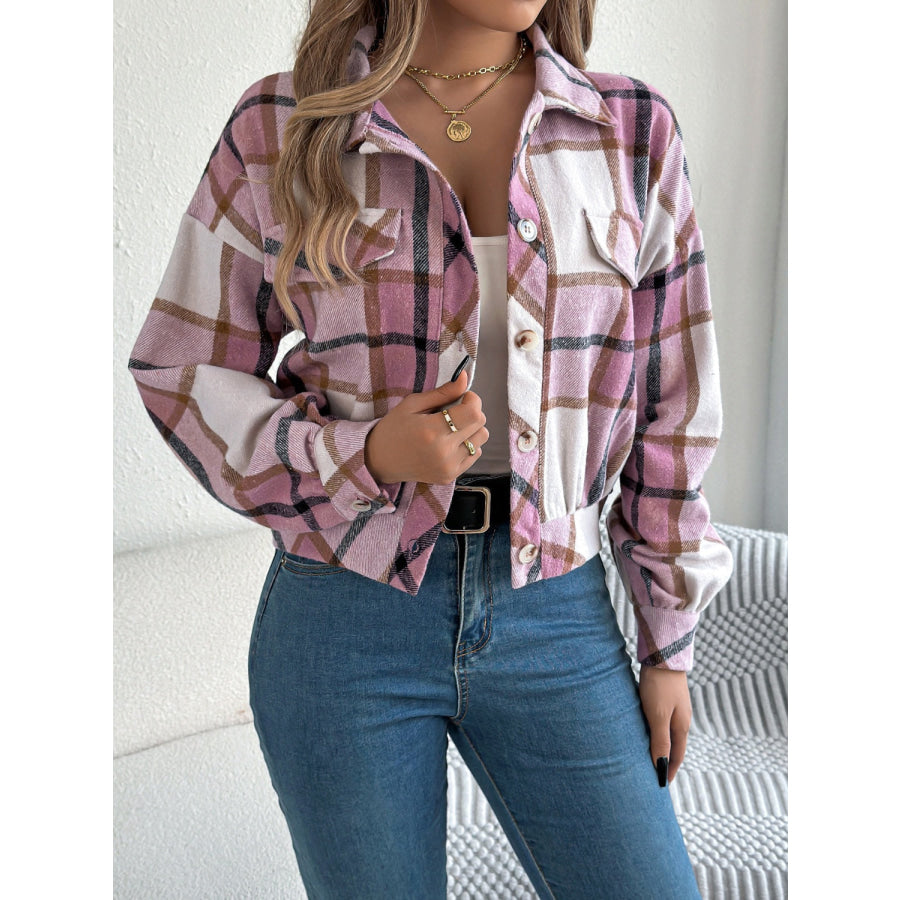 Plaid Button Up Long Sleeve Jacket Dusty Pink / S Apparel and Accessories