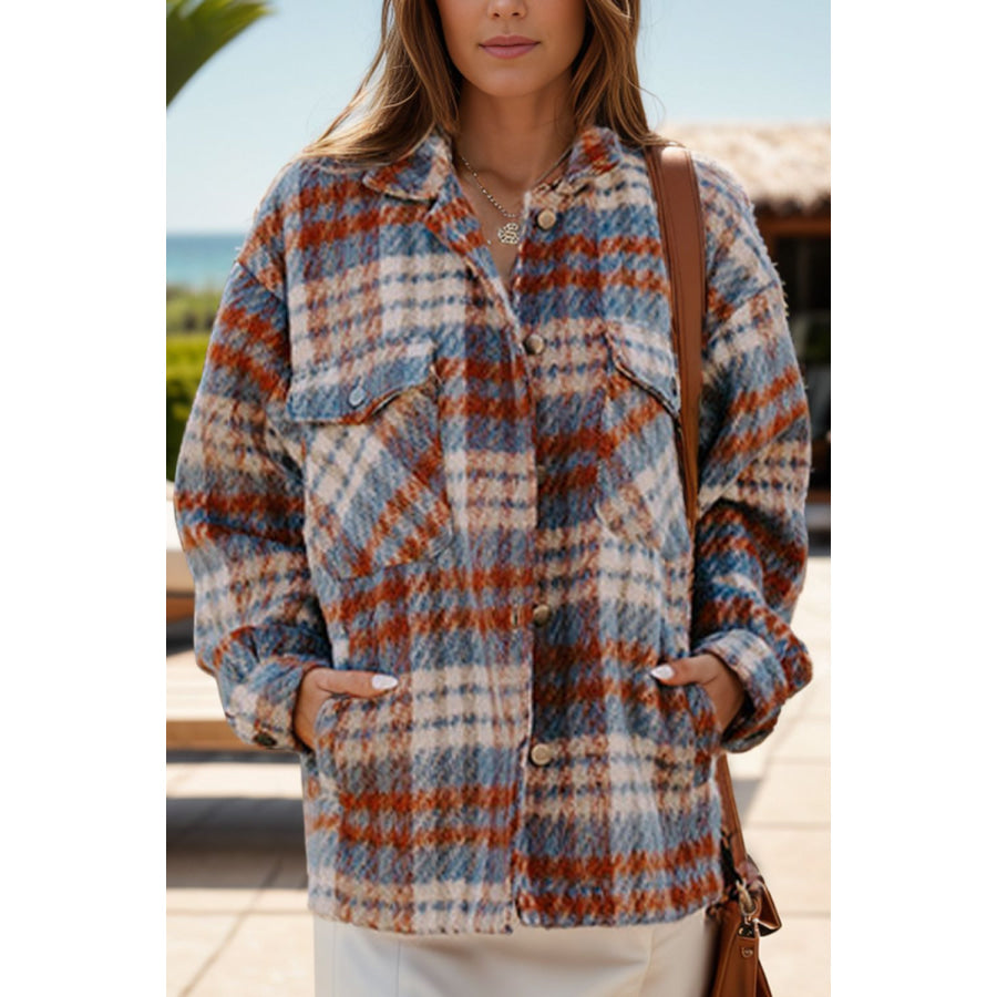 Plaid Button Up Long Sleeve Jacket Ochre / S Apparel and Accessories