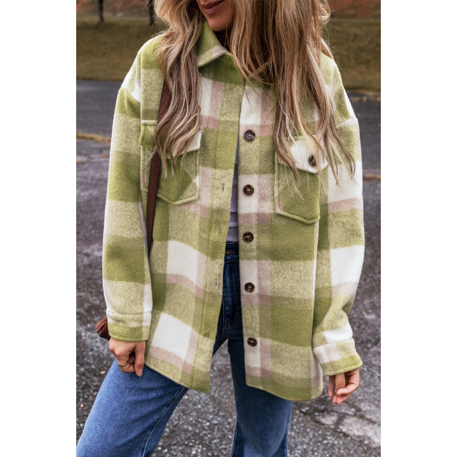 Plaid Button Up Long Sleeve Jacket Sage / S Apparel and Accessories