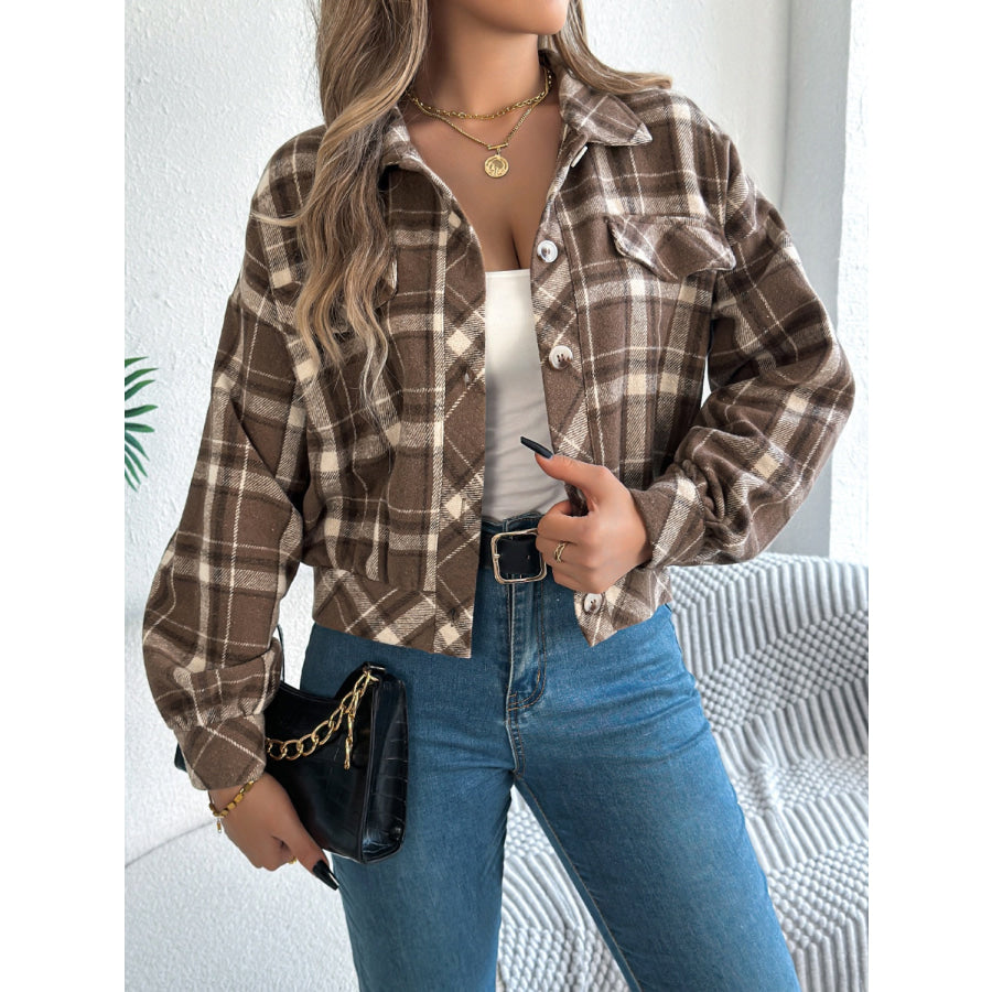 Plaid Button Up Long Sleeve Jacket Taupe / S Apparel and Accessories