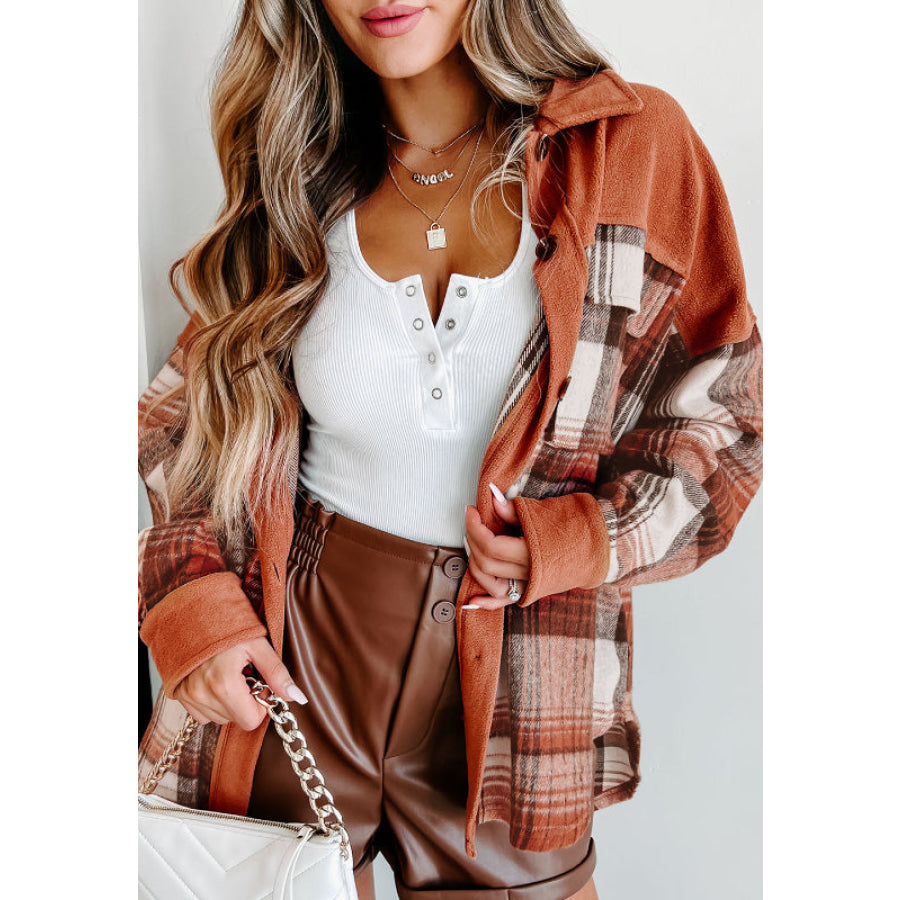 Plaid Button Up Long Sleeve Jacket Terracotta / S Apparel and Accessories