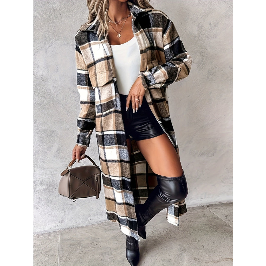 Plaid Button Up Long Sleeve Longline Outerwear Tan / S Apparel and Accessories