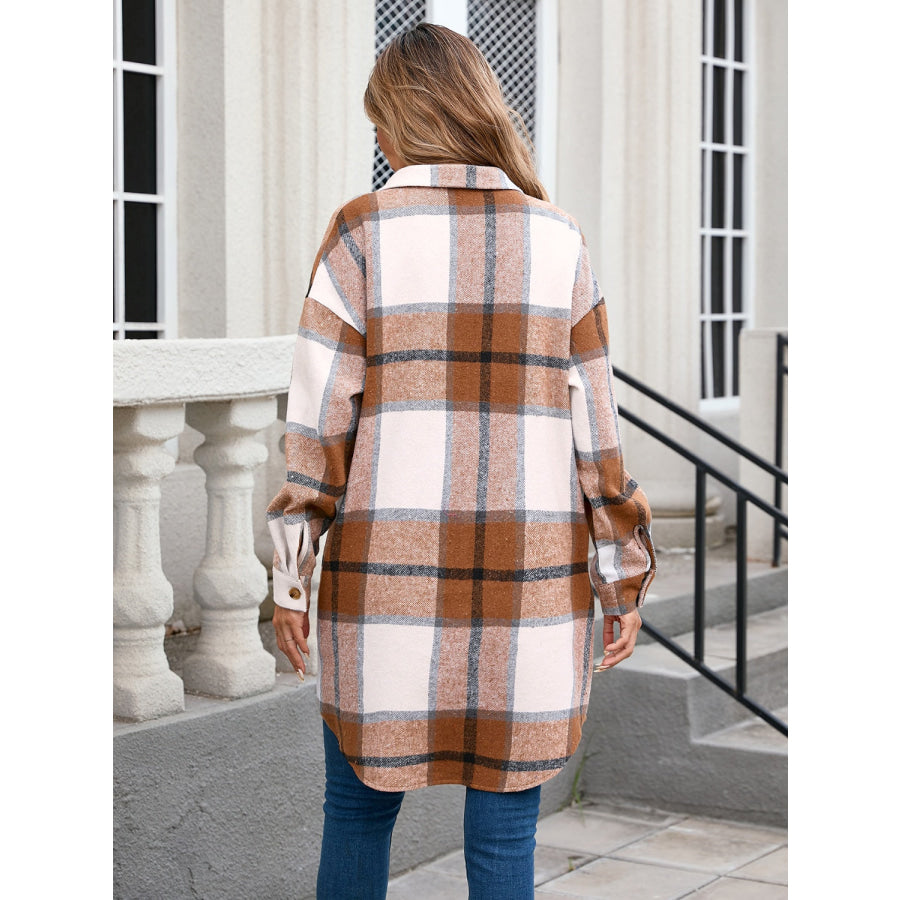 Plaid Button Up Long Sleeve Longline Outerwear Apparel and Accessories