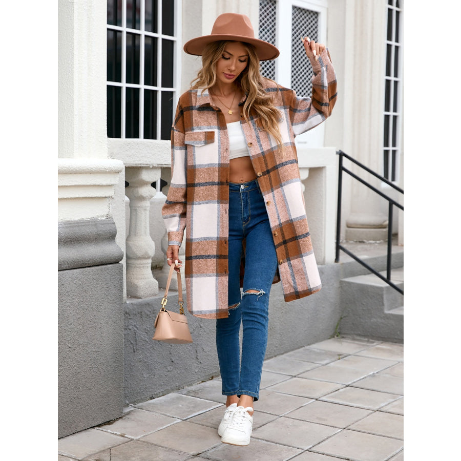 Plaid Button Up Long Sleeve Longline Outerwear Apparel and Accessories