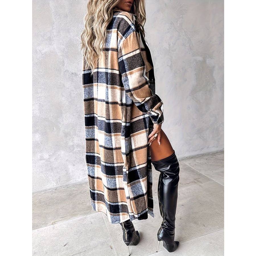 Plaid Button Up Long Sleeve Longline Outerwear Apparel and Accessories