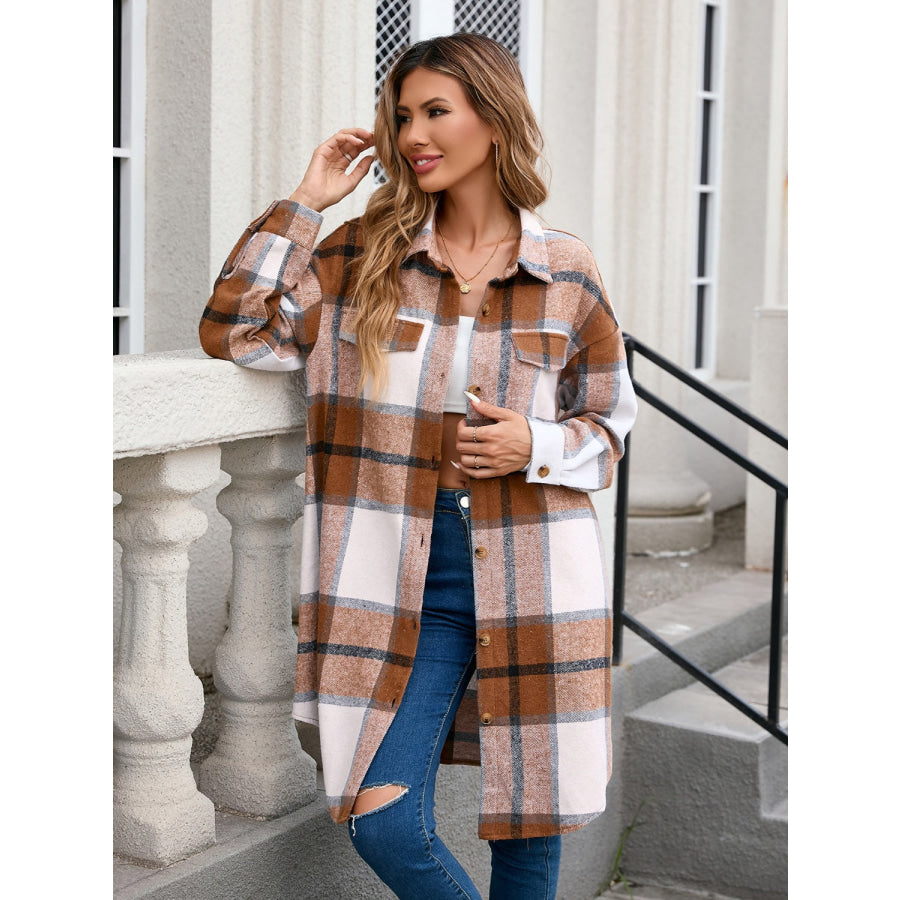 Plaid Button Up Long Sleeve Longline Outerwear Apparel and Accessories