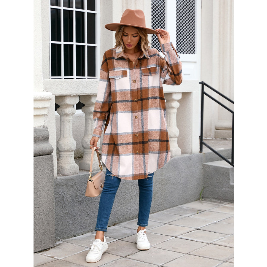 Plaid Button Up Long Sleeve Longline Outerwear Apparel and Accessories