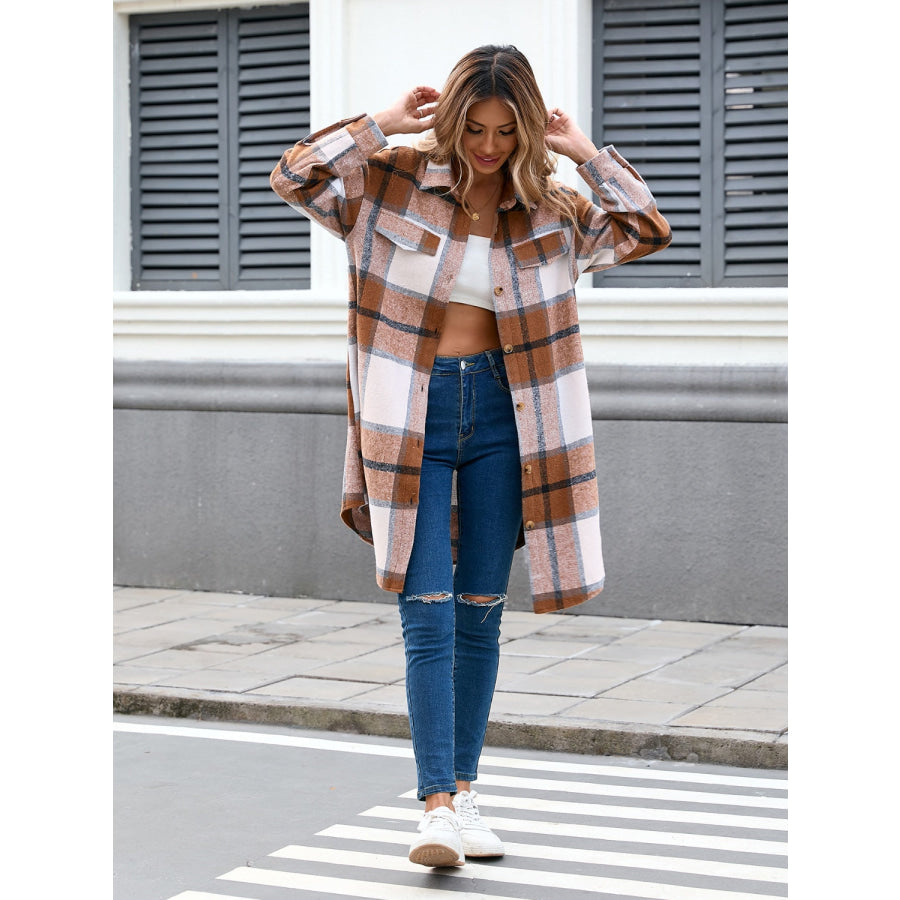 Plaid Button Up Long Sleeve Longline Outerwear Apparel and Accessories