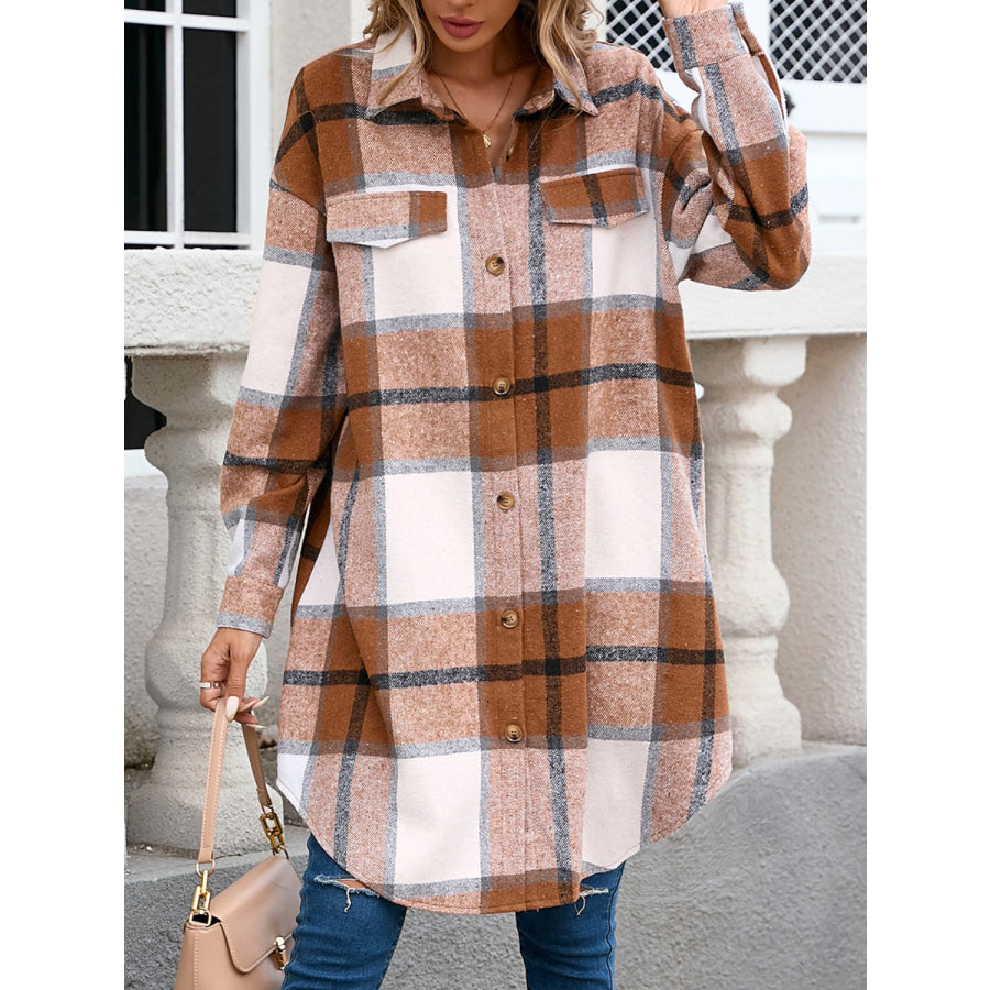 Plaid Button Up Long Sleeve Longline Outerwear Camel / S Apparel and Accessories