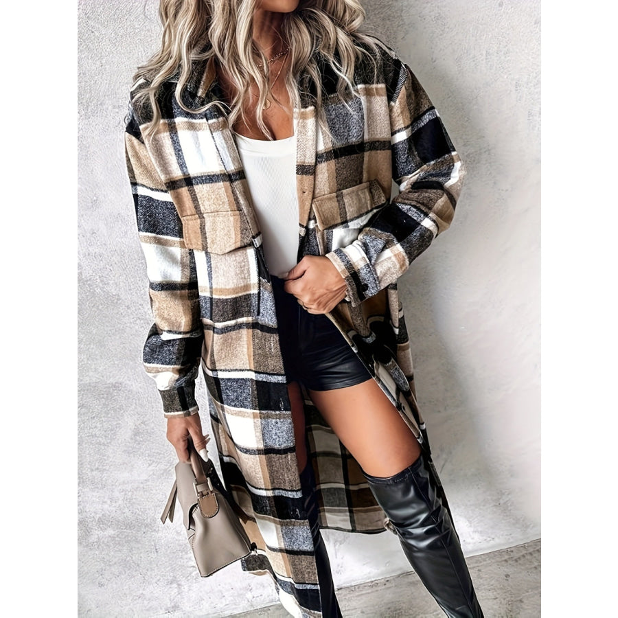 Plaid Button Up Long Sleeve Longline Outerwear Tan / S Apparel and Accessories