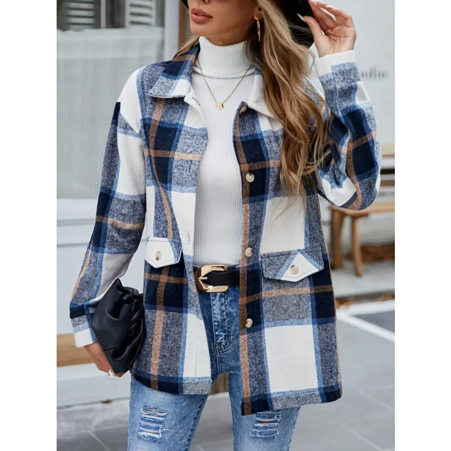 Plaid Button-Up Long Sleeve Shacket Apparel and Accessories