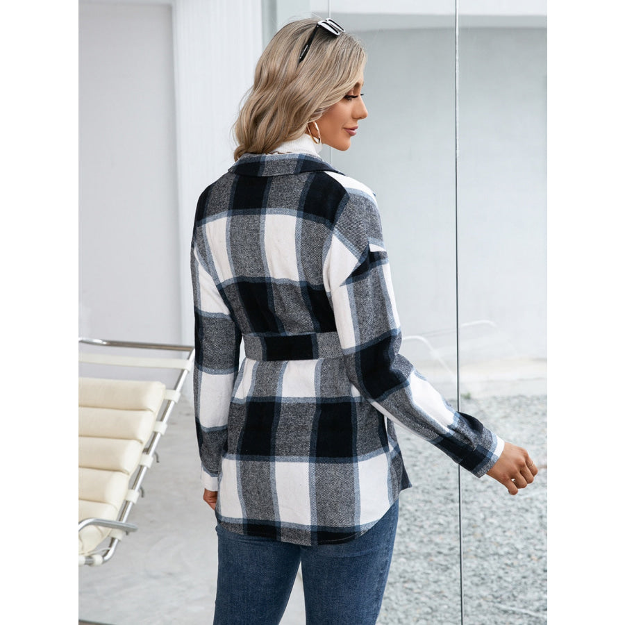 Plaid Button Up Long Sleeve Shacket Black / S Apparel and Accessories