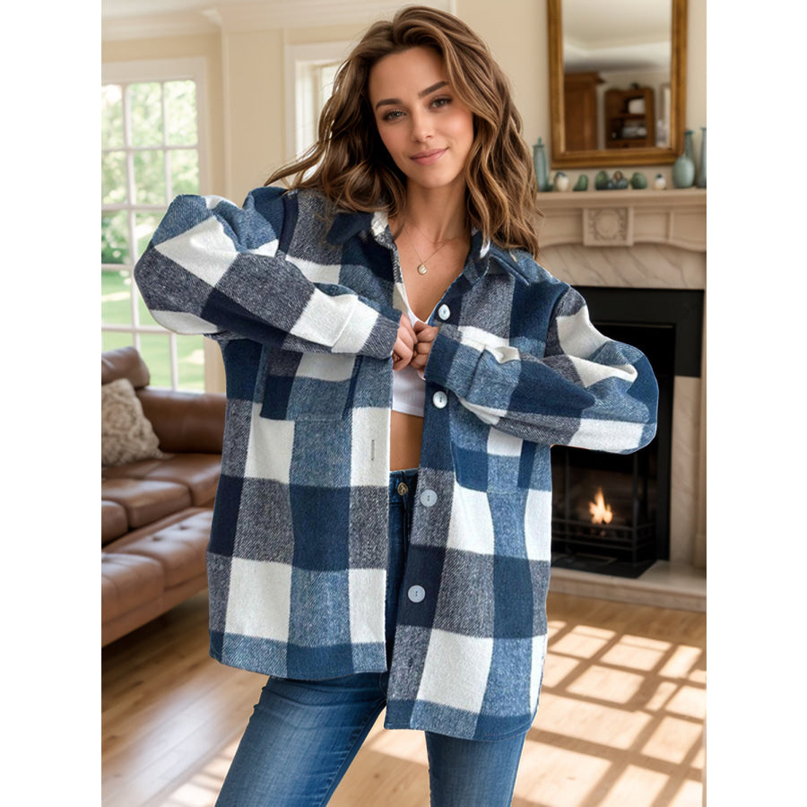 Plaid Button Up Long Sleeve Shacket Apparel and Accessories