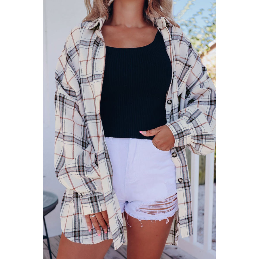 Plaid Button Up Long Sleeve Shacket White / S Apparel and Accessories