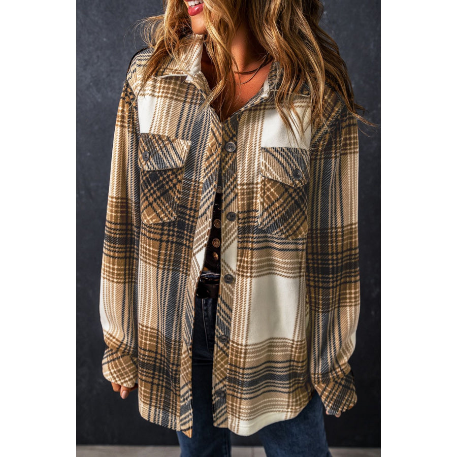 Plaid Button Up Long Sleeve Shacket Apparel and Accessories