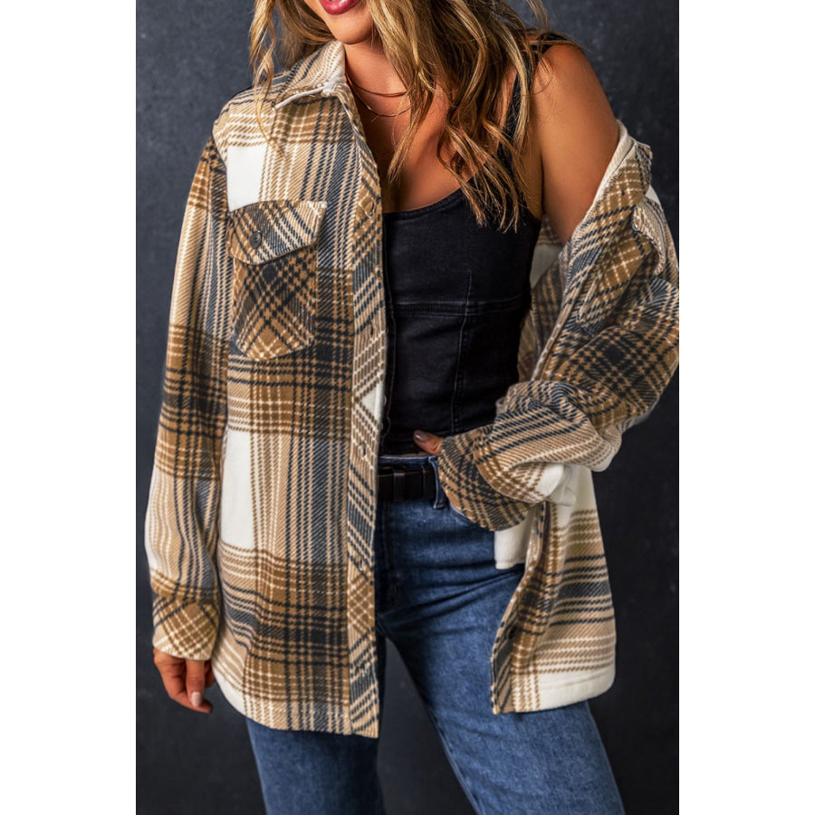 Plaid Button Up Long Sleeve Shacket Apparel and Accessories