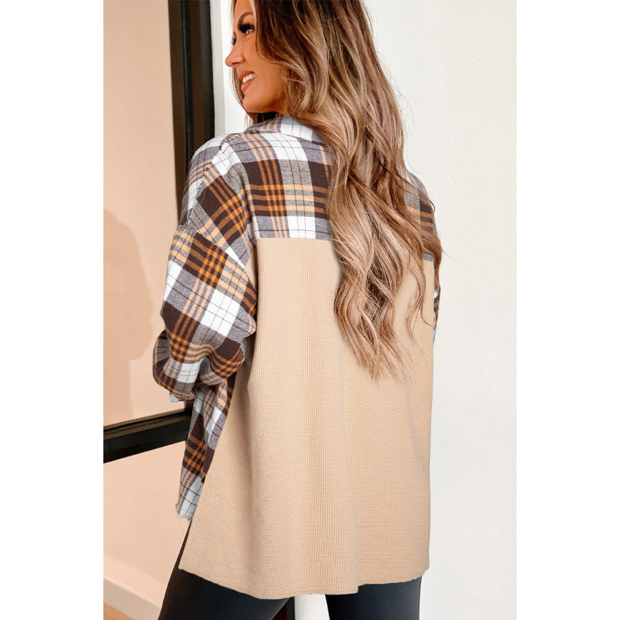 Plaid Button Up Long Sleeve Shacket Khaki / S Apparel and Accessories