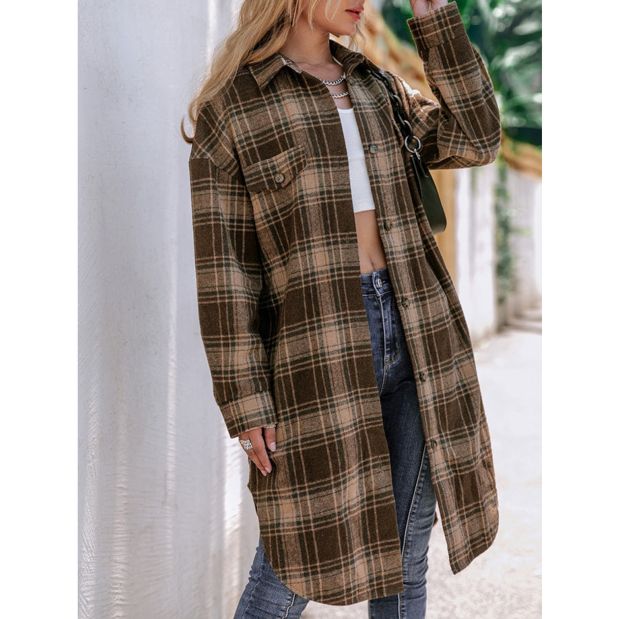 Plaid Button Up Long Sleeve Shacket Apparel and Accessories