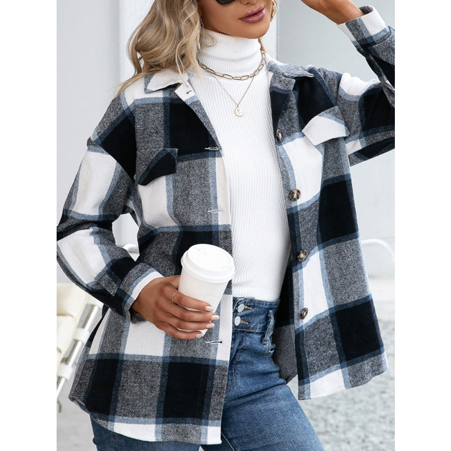 Plaid Button Up Long Sleeve Shacket Apparel and Accessories