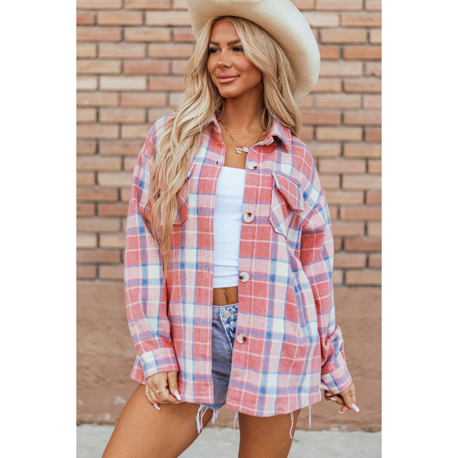 Plaid Button Up Long Sleeve Shacket Apparel and Accessories