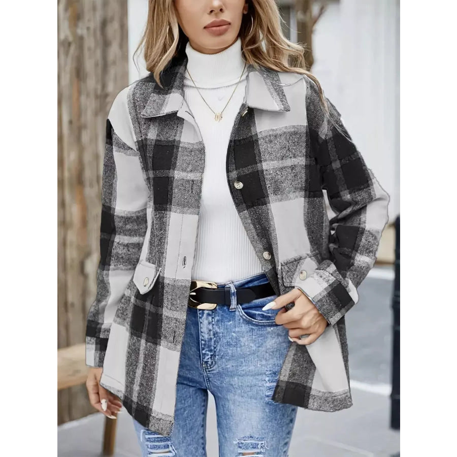 Plaid Button-Up Long Sleeve Shacket Black / S Apparel and Accessories