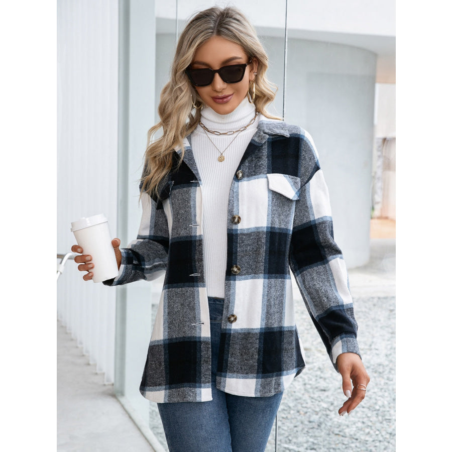 Plaid Button Up Long Sleeve Shacket Black / S Apparel and Accessories