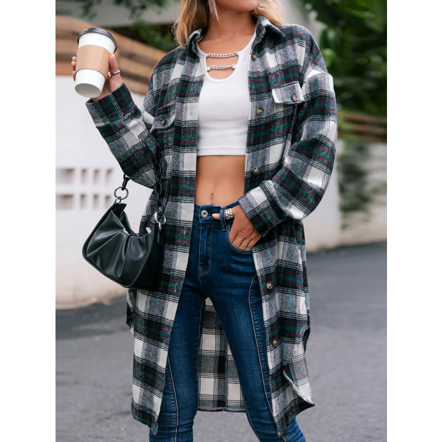 Plaid Button Up Long Sleeve Shacket Black / S Apparel and Accessories