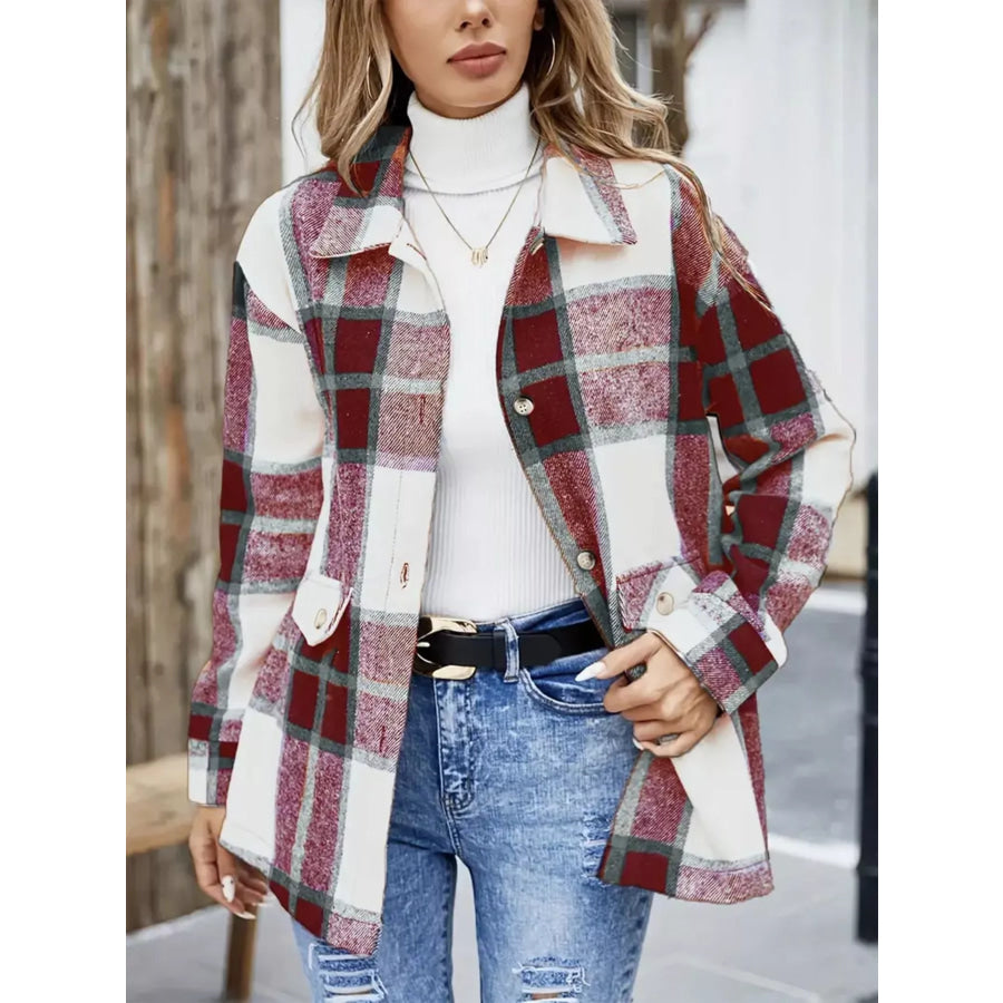 Plaid Button-Up Long Sleeve Shacket Burgundy / S Apparel and Accessories