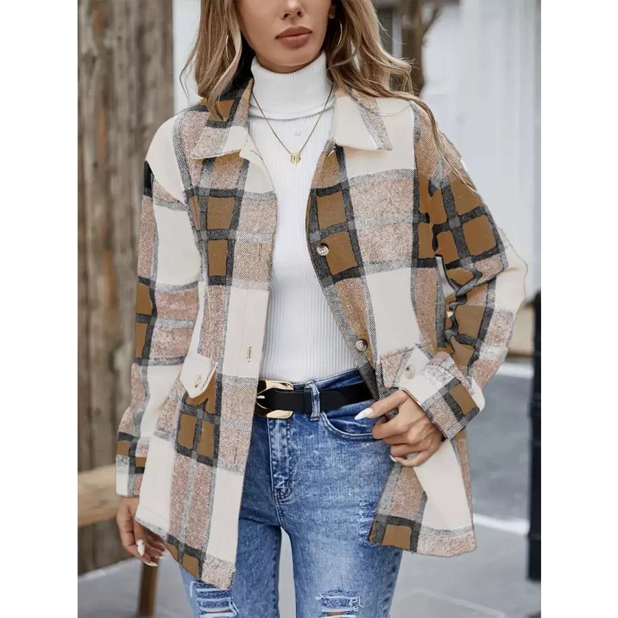 Plaid Button-Up Long Sleeve Shacket Camel / S Apparel and Accessories